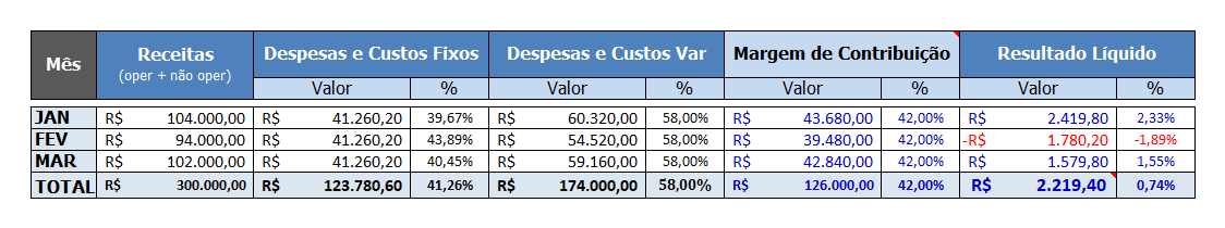 Print da Ferramenta: indicadores mensais de receitas, despesas, margem de contribuição e resultado líquido